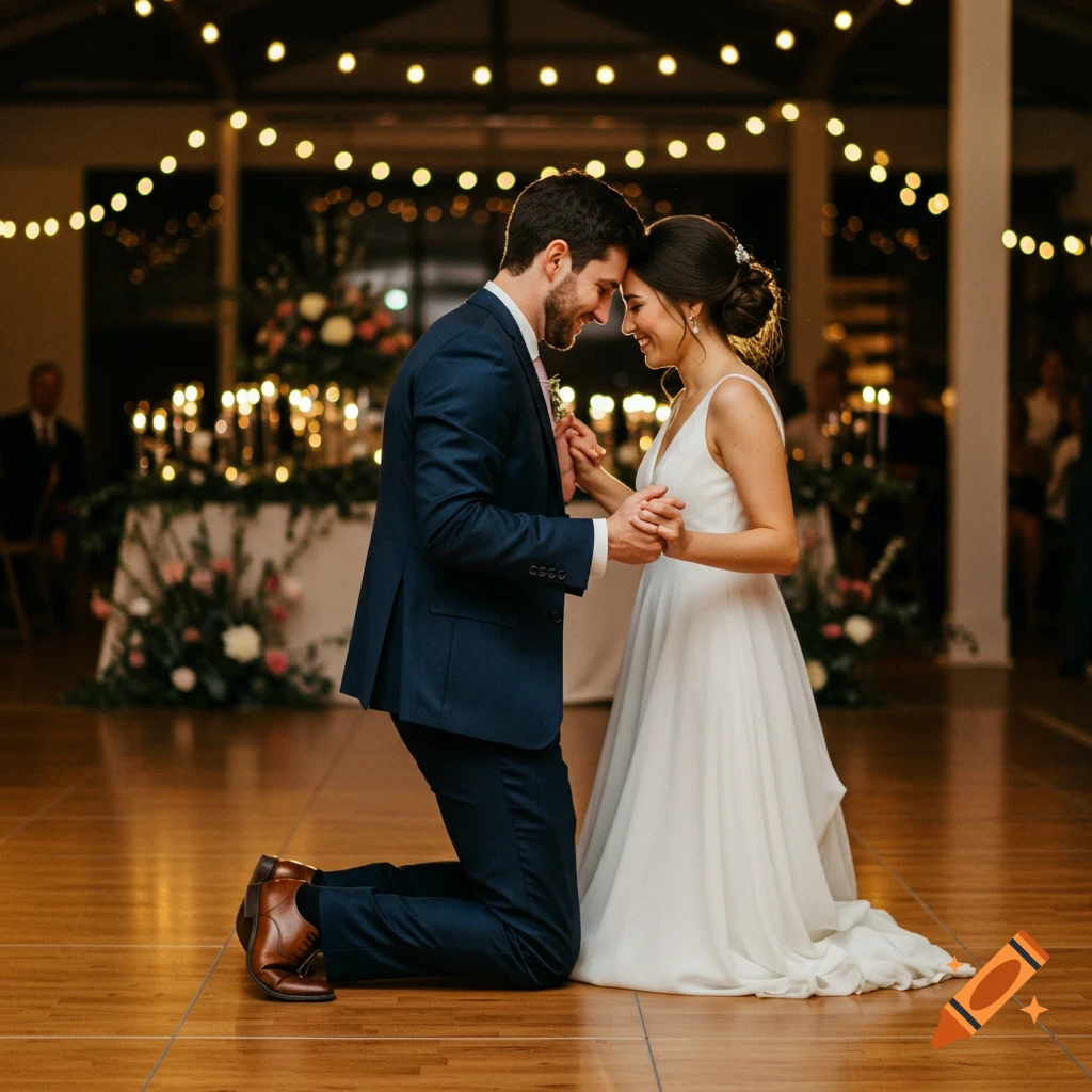 A man kneels before a woman, holding hands and touching foreheads, on a dance floor with string lights.