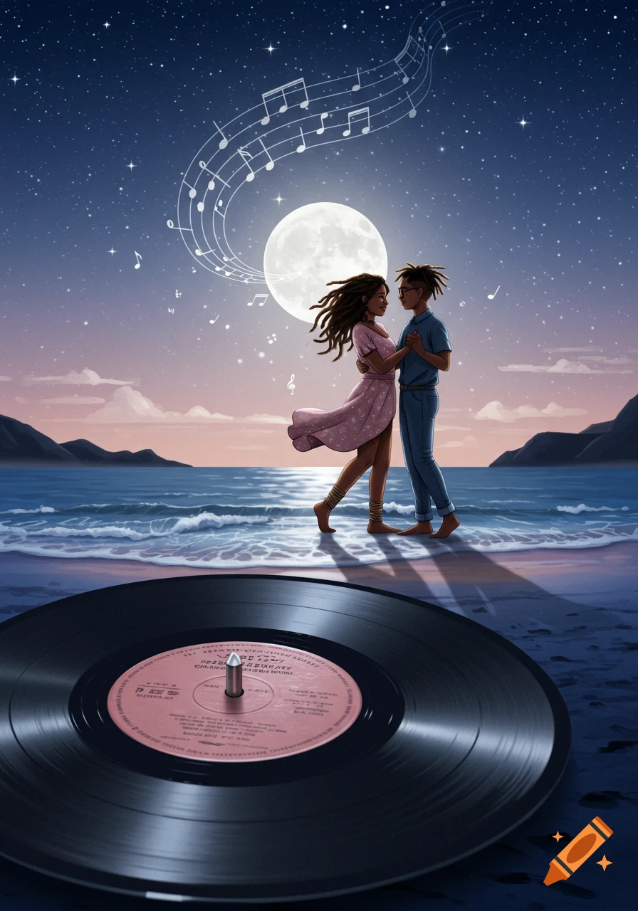 An illustrative romantic night scene of a couple dancing on a beach under a full moon, with musical notes. A vinyl record is in the foreground.