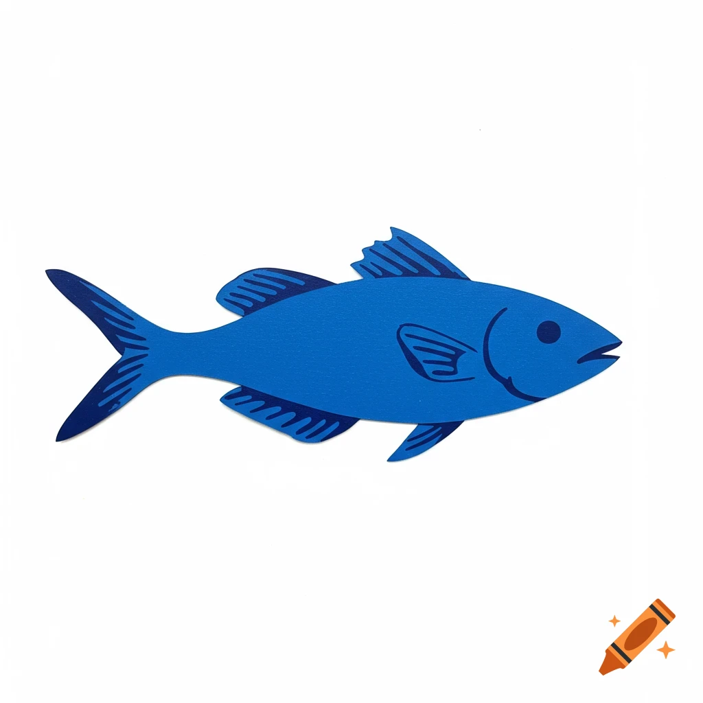 A blue fish in Henri Matisse cut-out art style, sleek and slender with flowing fins, against a white background.