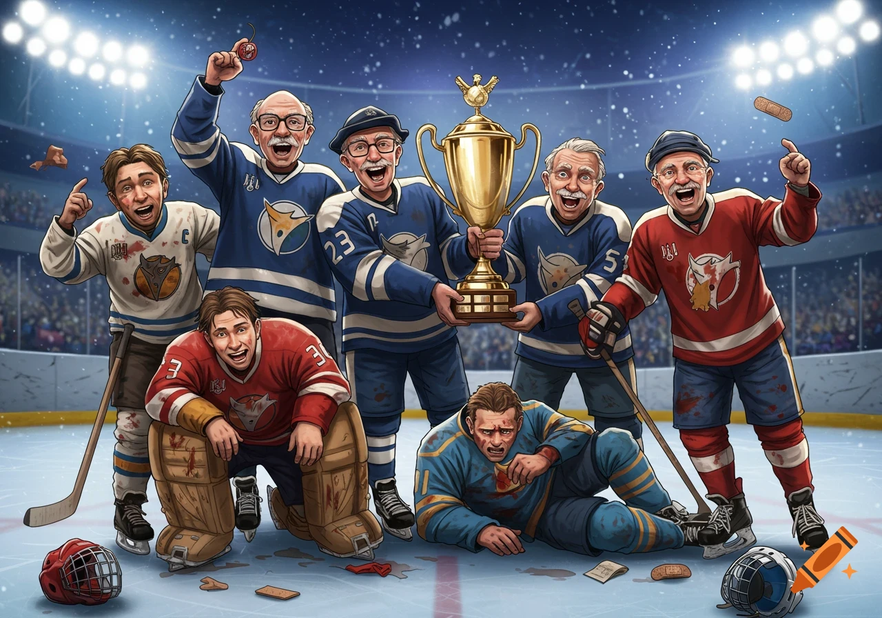 A cartoon illustration of a group of diverse hockey players celebrating on an ice rink, with older players holding a gold trophy and younger players appearing bruised and tired around them. Snow falls in the background.