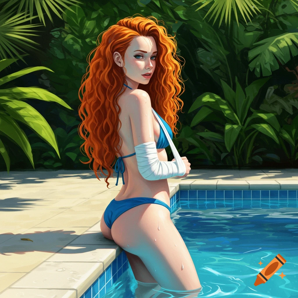 A pretty redhead woman in a blue bikini and arm sling stands by a swimming pool with lush green foliage.