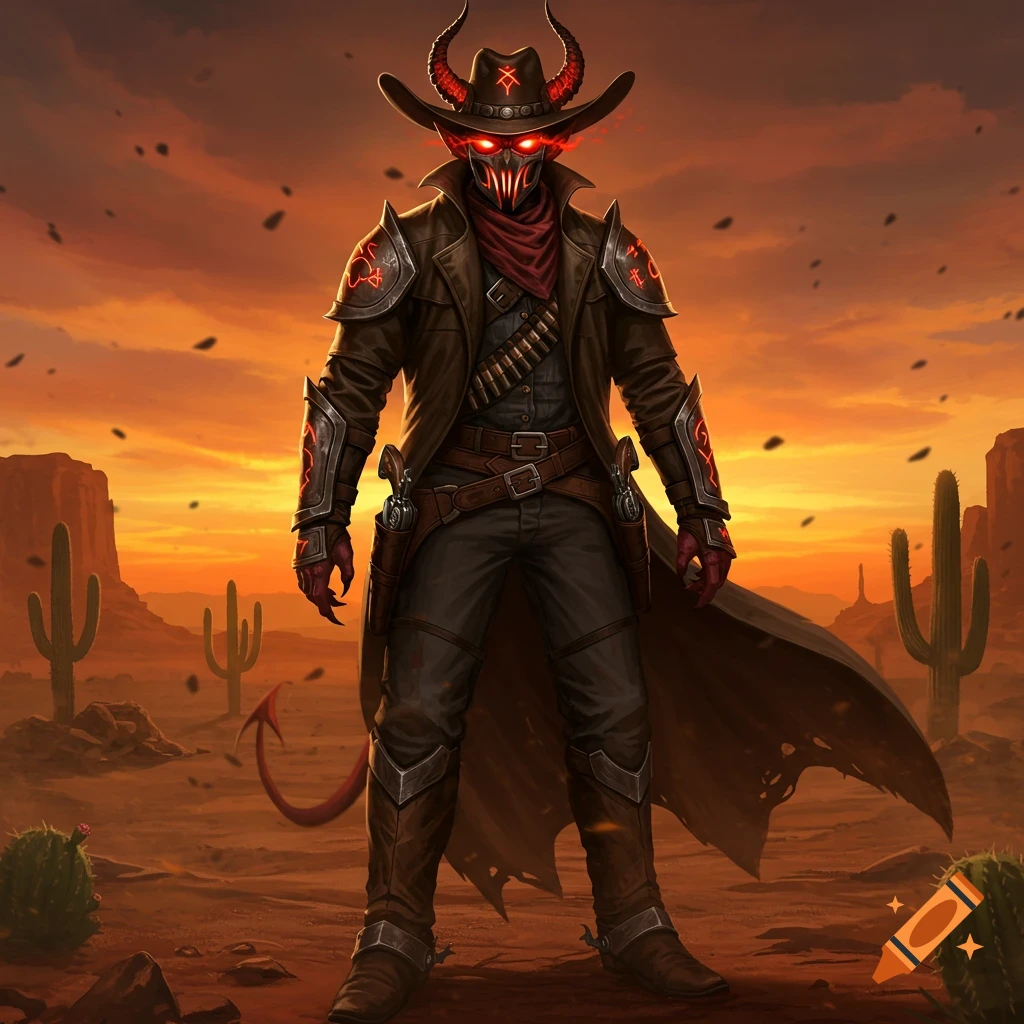 A horned demon cowboy with glowing red eyes and a long coat stands in a desert landscape at sunset.