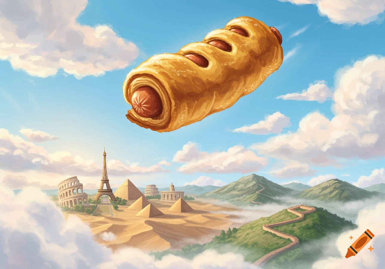 A giant illustrated sausage roll floats in a blue sky above famous world landmarks including the Eiffel Tower, Colosseum, and pyramids.