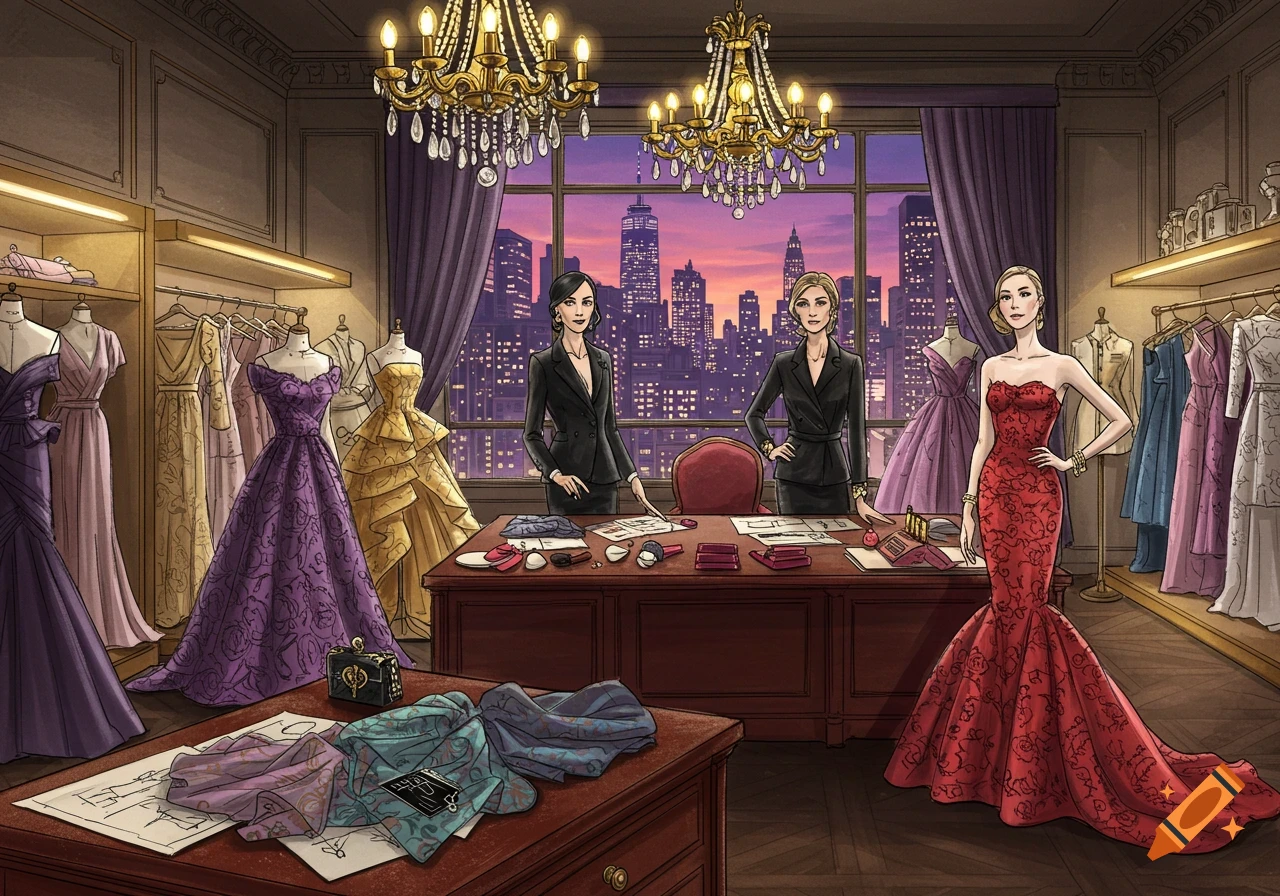 An illustration of three elegant women in a luxurious fashion store with dresses, mannequins, and a city skyline view.
