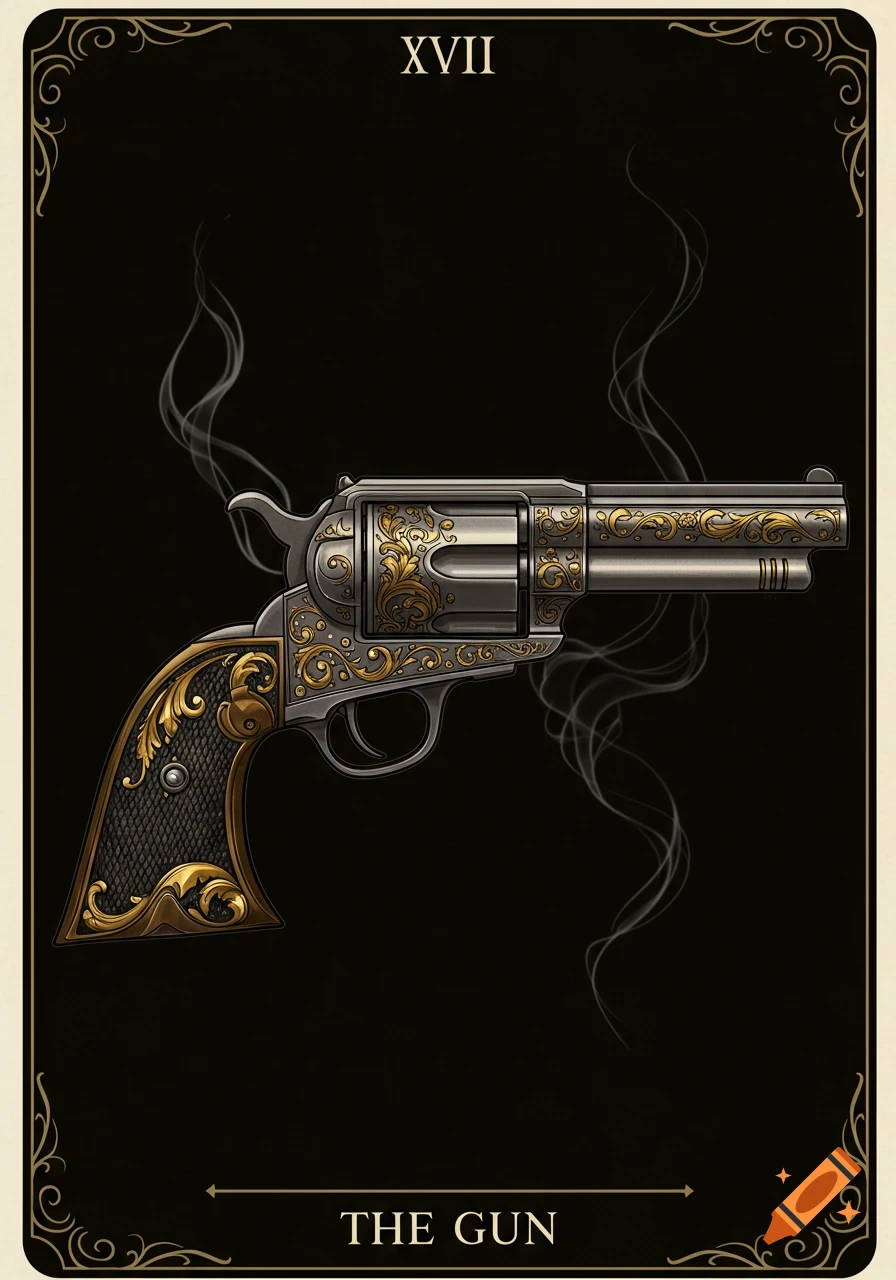Ornate illustration of a revolver on a black tarot card with gold borders, labeled 'XVII' and 'THE GUN'.