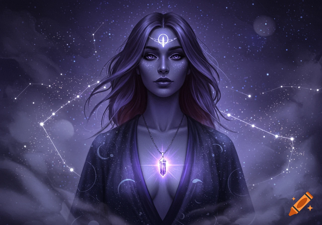 A mystical woman with purple skin and glowing eyes wears a celestial robe and a glowing crystal pendant, set against a backdrop of stars and constellations.
