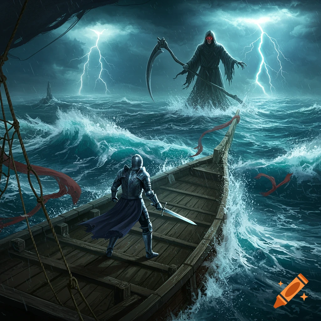 A knight stands on a wooden boat in a stormy sea, facing a giant grim reaper with glowing red eyes. Lightning strikes in the dark sky.