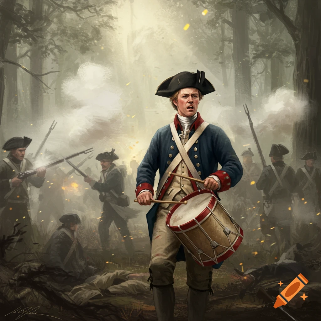 A young Revolutionary War drummer plays his drum intensely amidst a smoky forest battle with other soldiers.