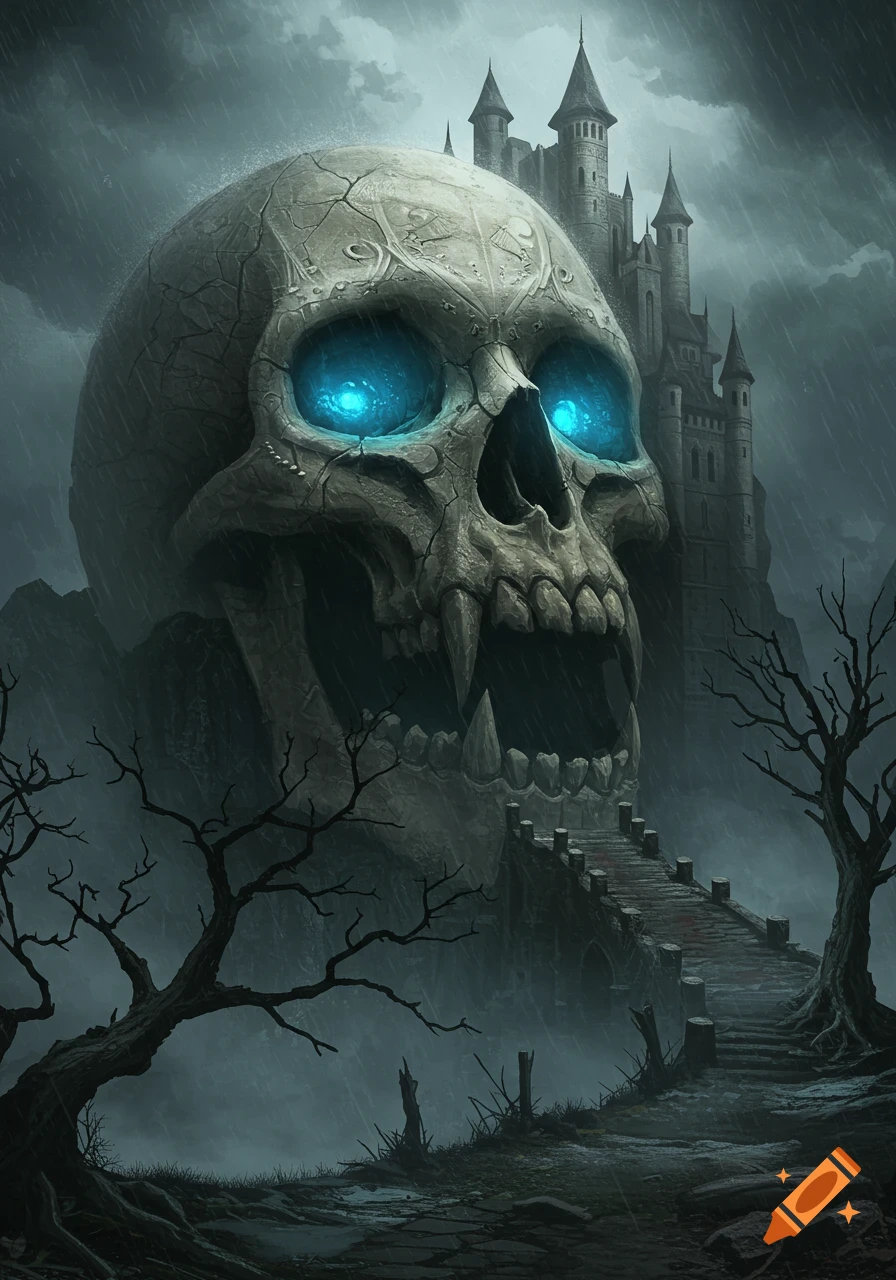 A massive, cracked skull with glowing blue eyes forms a mountain, with a dark, spired castle built behind it under a rainy, stormy sky. Bare, spooky trees and a stone bridge lead towards the skull's gaping mouth.