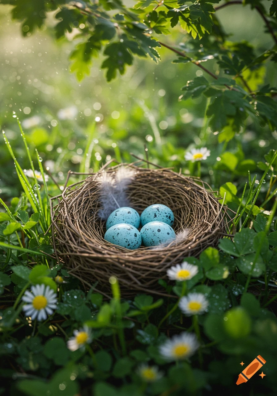 A bird's nest with four blue speckled eggs nestled in lush green grass with white daisies and morning dew under dappled sunlight.