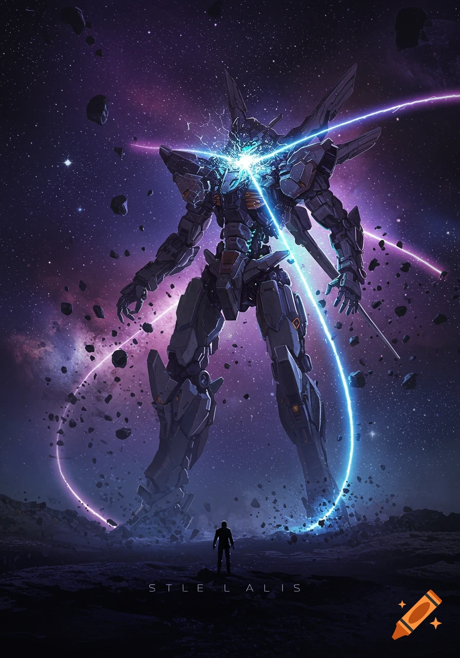 A massive grey and black mecha with glowing blue and purple energy stands on a dark, rocky ground, facing a small human figure. Asteroids and cosmic dust float in the starry, purple-hued space background.