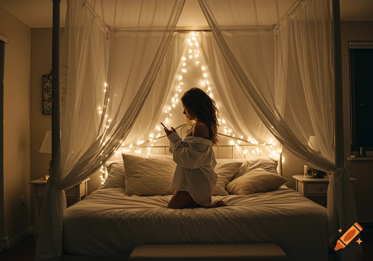A girl sits on her knees on a canopy bed, illuminated by fairy lights, looking at her phone in a cozy bedroom.