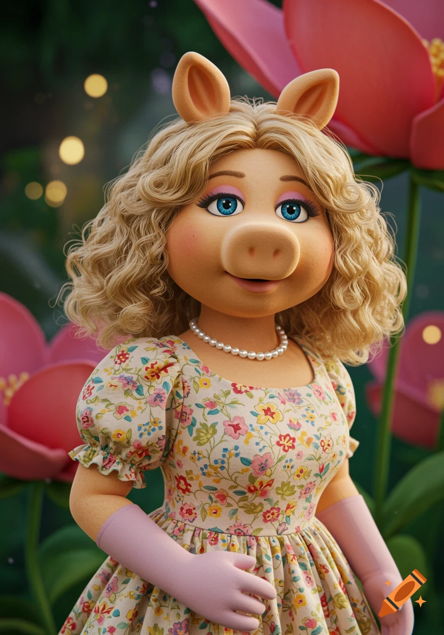 Photorealistic rendering of a humanized Miss Piggy with blonde curly hair, blue eyes, wearing a floral dress and pearl necklace in a garden.