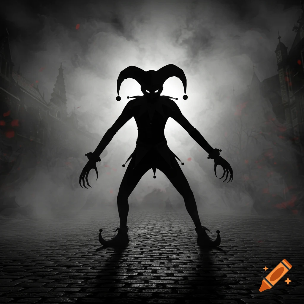 Dark silhouette of a menacing jester with glowing eyes on a cobblestone street in a foggy, eerie city.