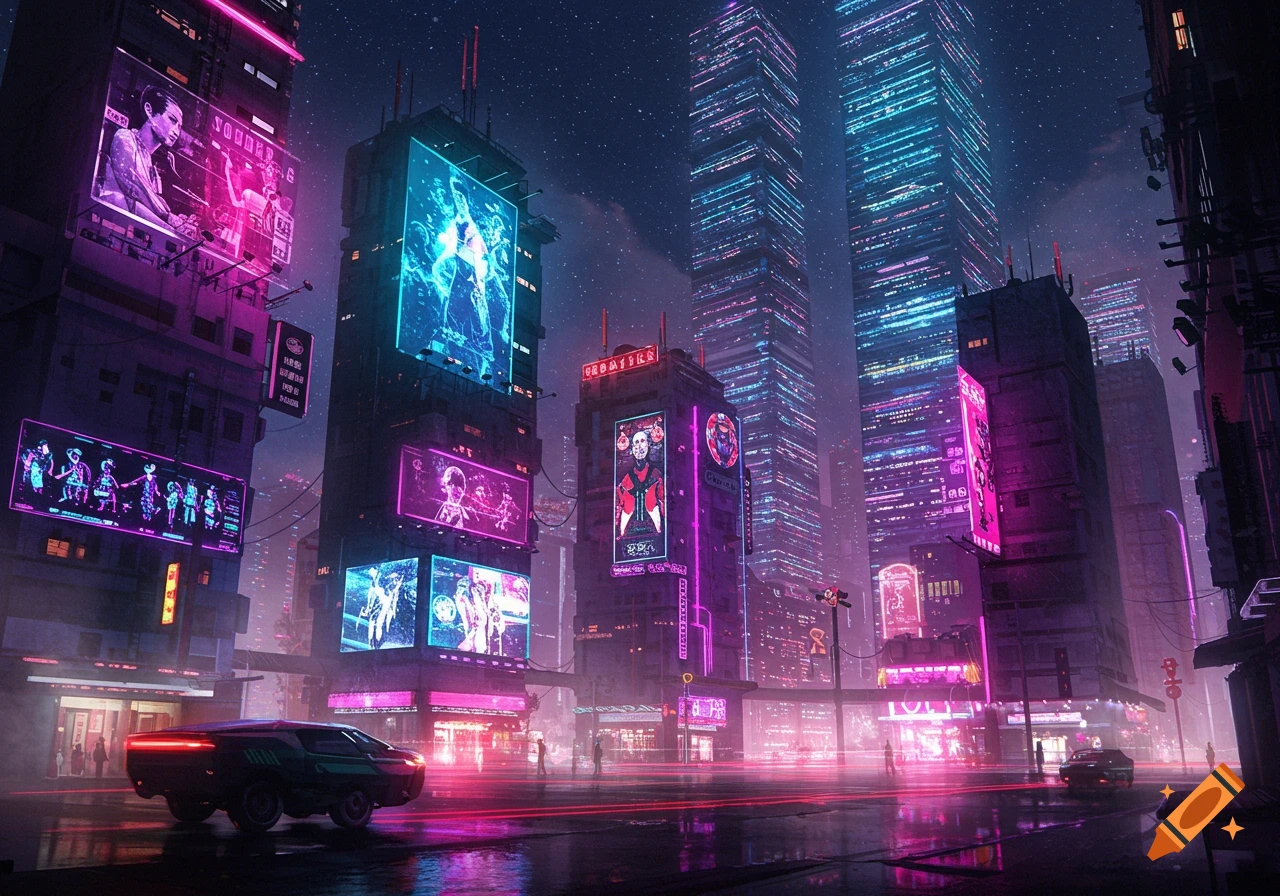 A dark, futuristic city at night, with towering skyscrapers illuminated by vibrant pink and blue neon lights and large digital billboards. A sleek vehicle is parked on the wet street, reflecting the bright light trails.