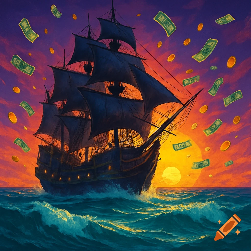 A dark pirate ship sails on rough seas against a vibrant sunset sky, with gold coins and money bills falling around it.