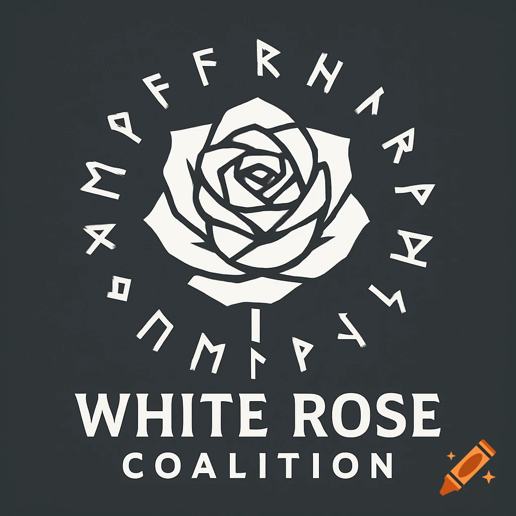 A white rose logo with Norse runes circling it, above the text "WHITE ROSE COALITION" on a dark background.