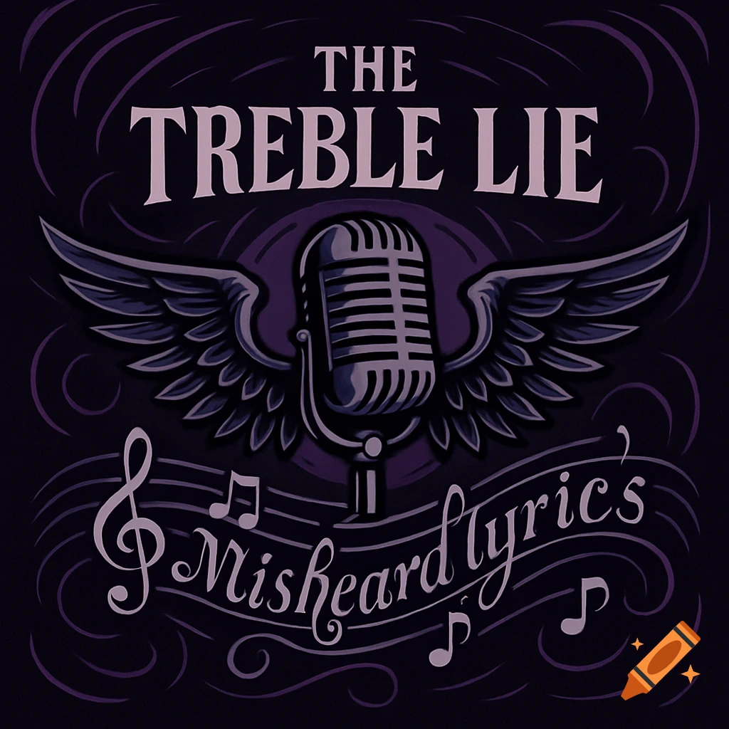 Purple-toned graphic design for 'THE TREBLE LIE: Misheard lyrics' podcast, featuring a winged vintage microphone and musical notes.