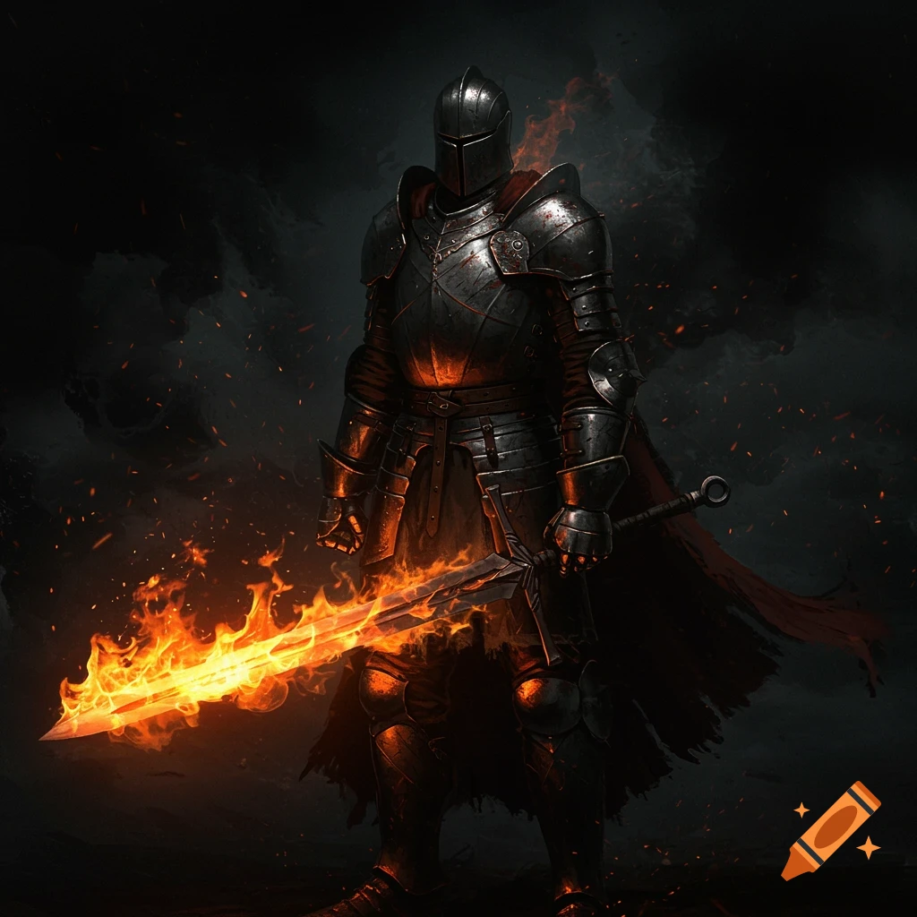 A knight in full dark armor stands in a shadowy setting, holding a flaming sword that illuminates him.
