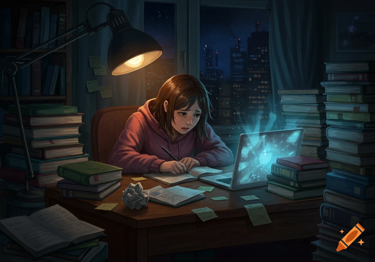 An anime-style illustration of an overwhelmed student with tears in her eyes, studying at a desk full of books and notes late at night, with a glowing laptop screen.