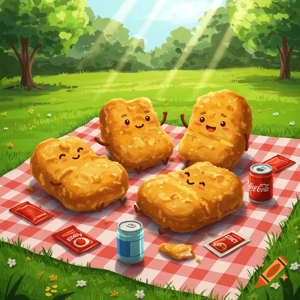 Four cute cartoon chicken nuggets having a picnic on a red and white checkered blanket in a sunny park with sodas and ketchup packets.