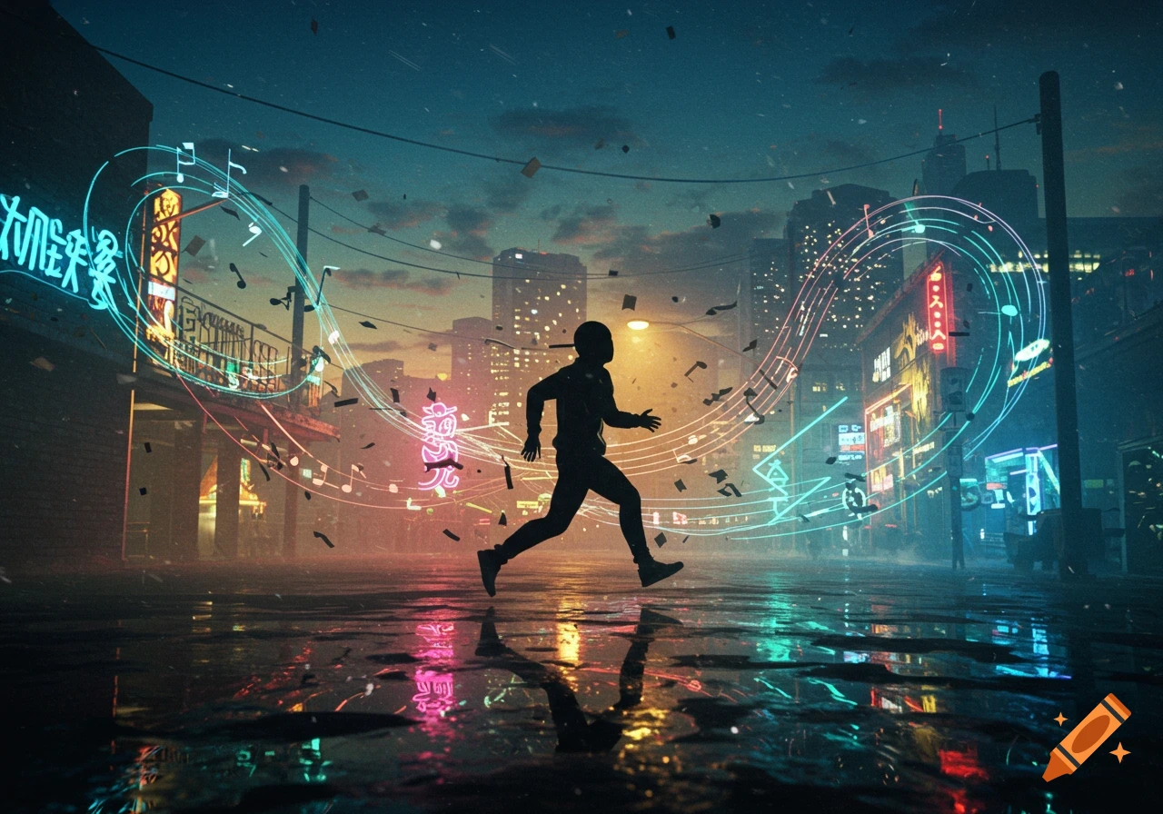 Silhouette of a person running through a neon-lit futuristic city street at night with glowing music notes trailing behind.