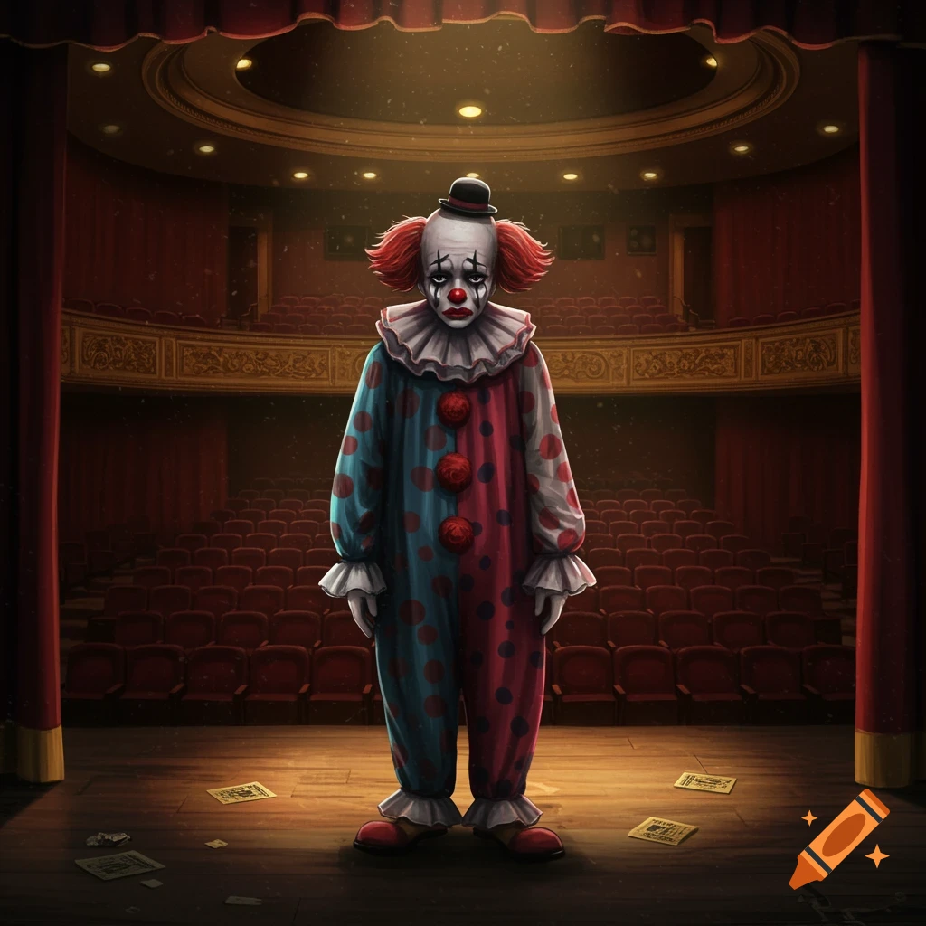 A sad clown with white makeup and a polka dot costume stands on a dimly lit stage in an empty theater.