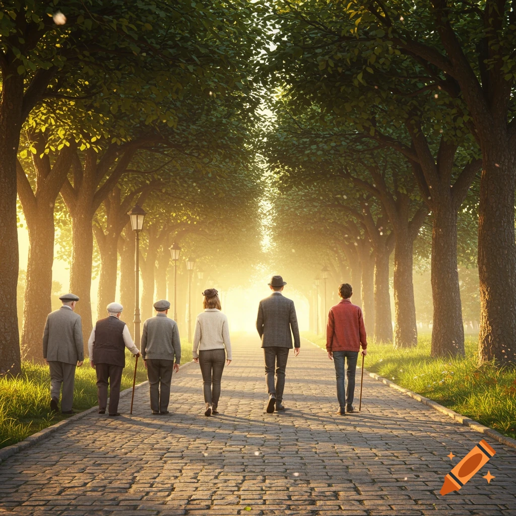 Six people walk away down a sunlit cobblestone path lined with trees, appearing to age younger from left to right.