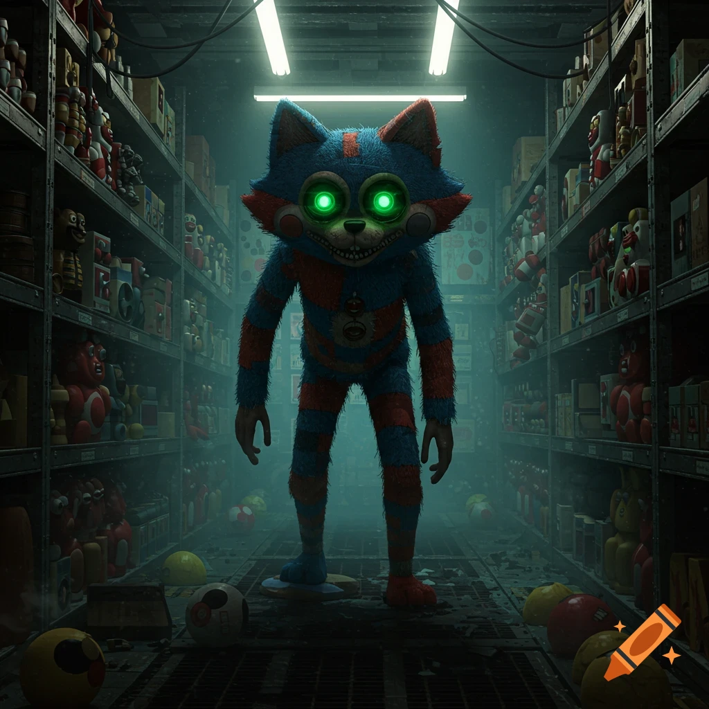 A large, furry blue and red striped cat-like monster with glowing green eyes and sharp teeth stands in a dark, dusty toy warehouse, photorealistic.