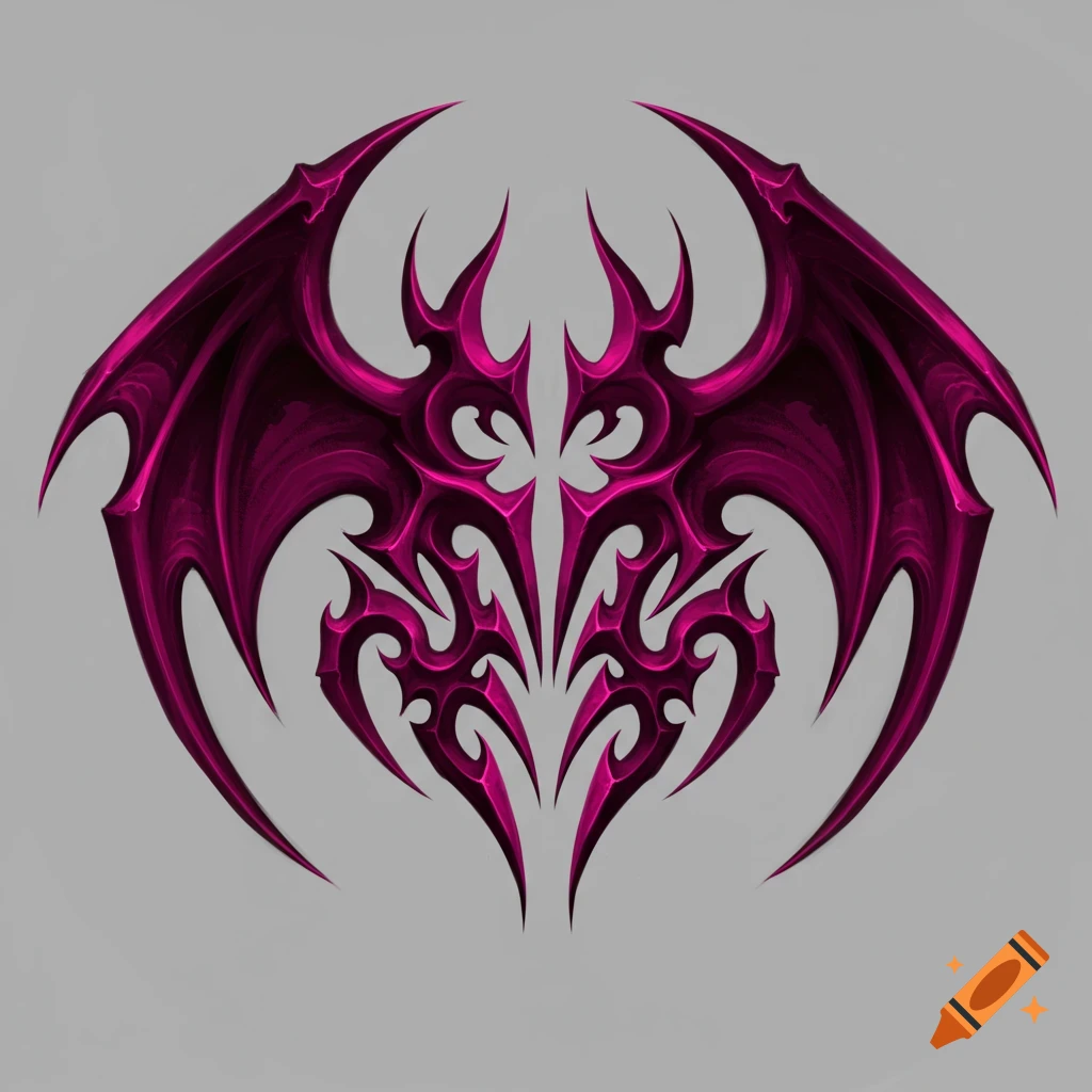 A magenta stylized design combining tribal art and bat wings on a gray background.