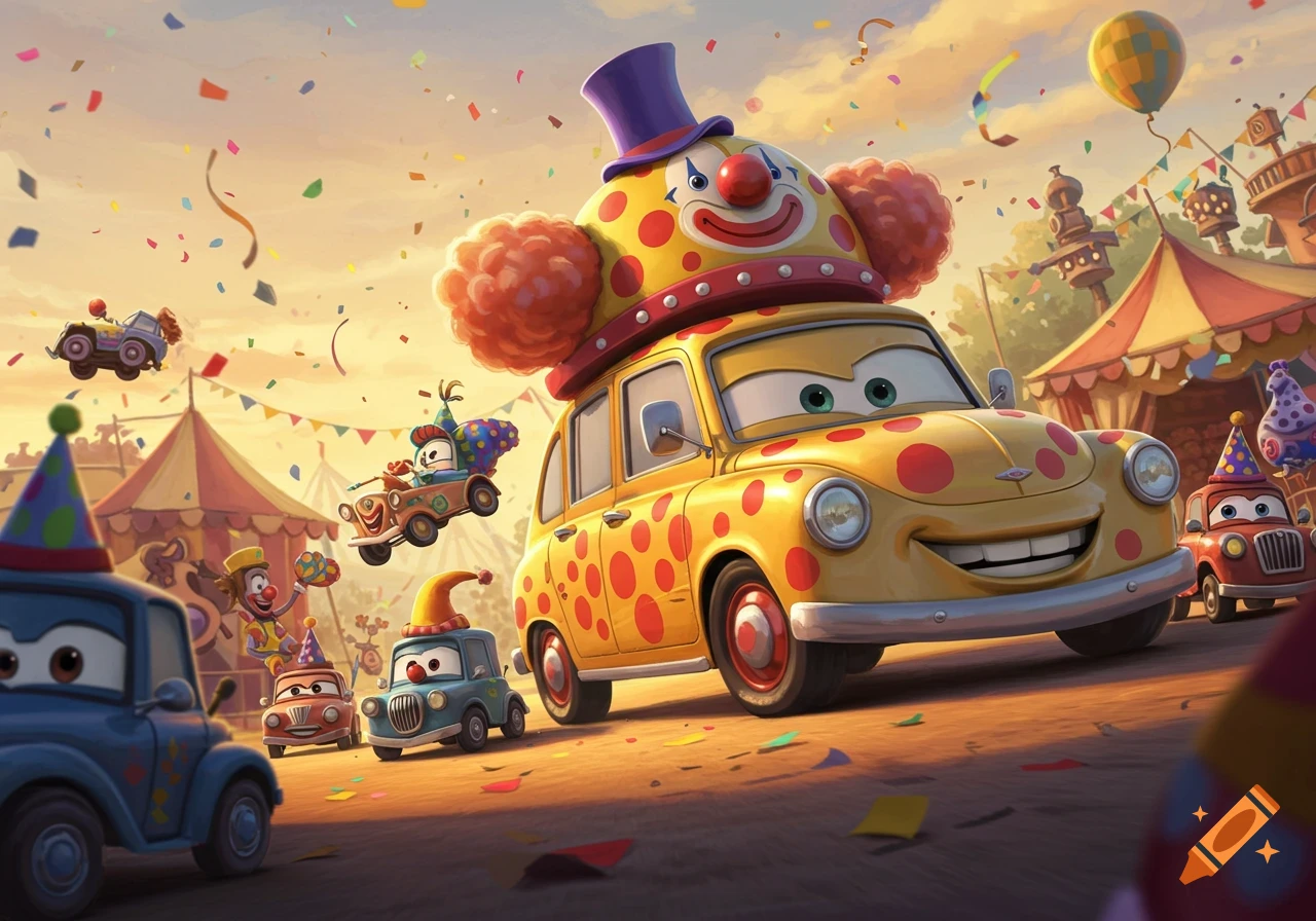 Cartoon cars dressed as clowns at a lively carnival with confetti falling.