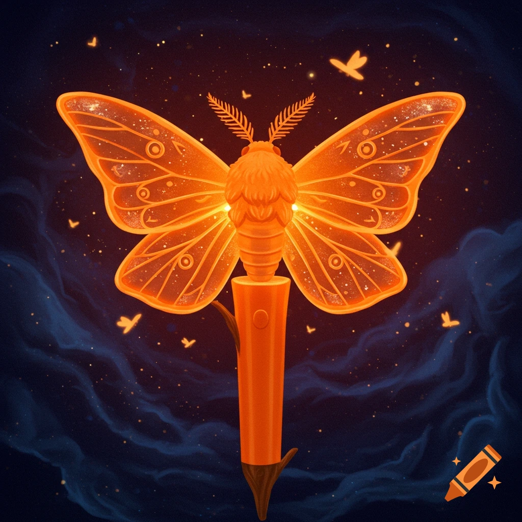 A glowing orange moth-shaped lightstick against a dark, starry, cosmic background.