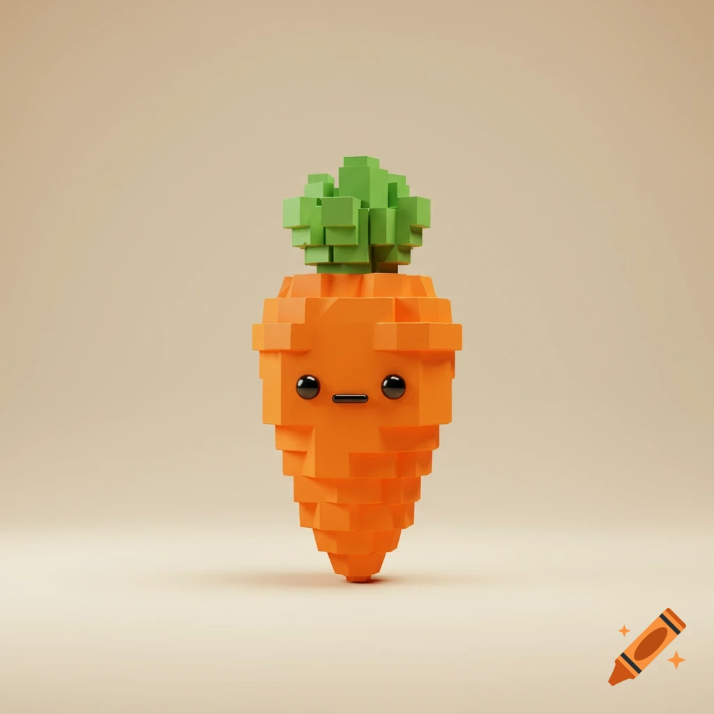 A cute, blocky orange carrot with green leaves, black circular eyes, and a short line mouth, standing on a light beige background.
