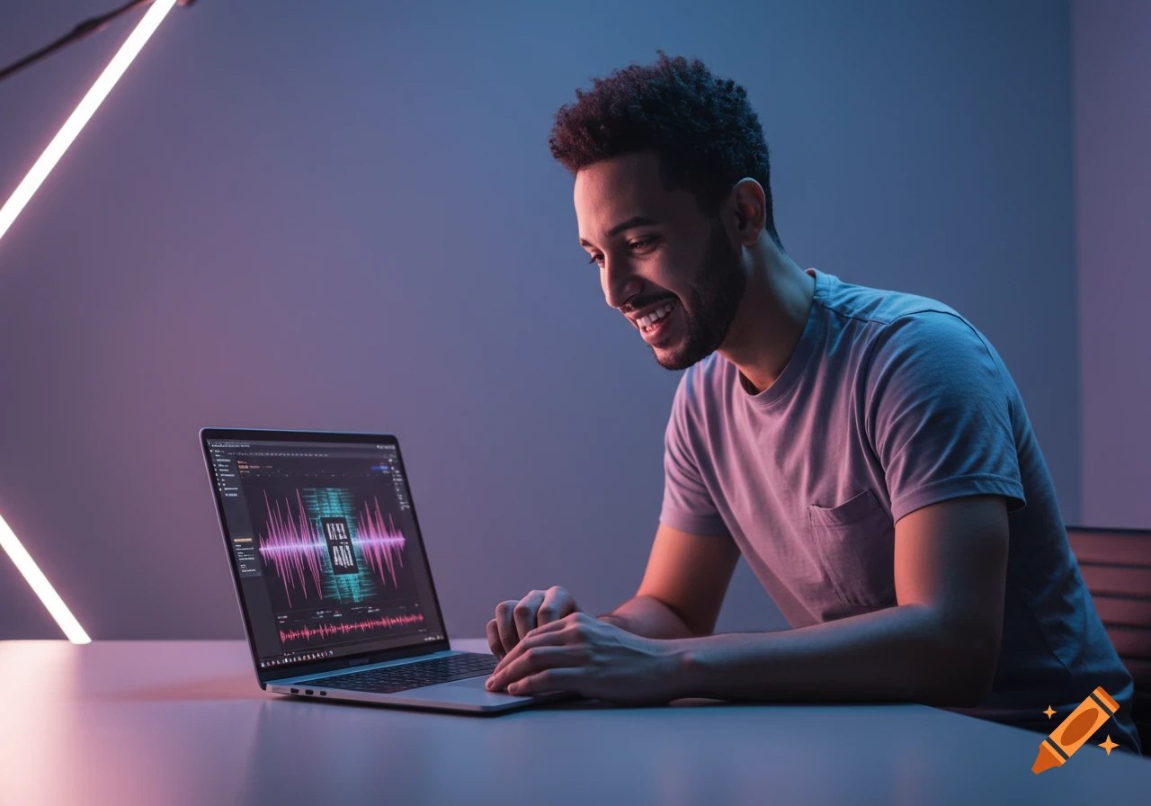 A happy man with curly hair smiles while working on a laptop with an AI software interface and digital soundwaves displayed, in a modern studio with neon lighting.