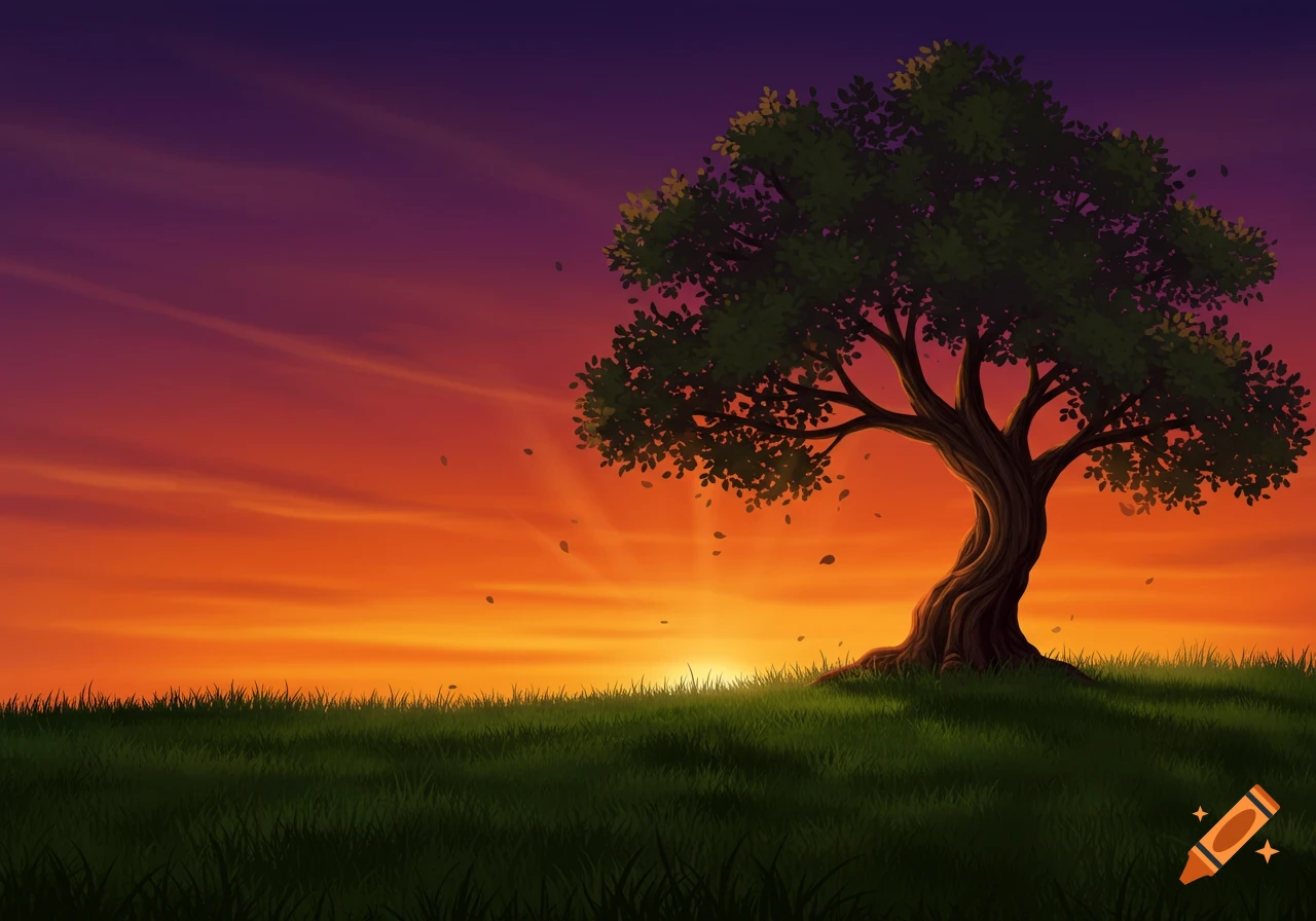 An illustrated sunset scene with a large tree on a grassy hill, bathed in warm orange and purple light.