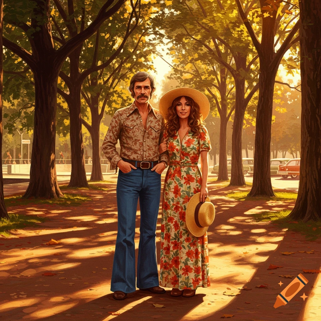 A middle-aged couple in 1970s attire stands on a sun-dappled park path, surrounded by trees.