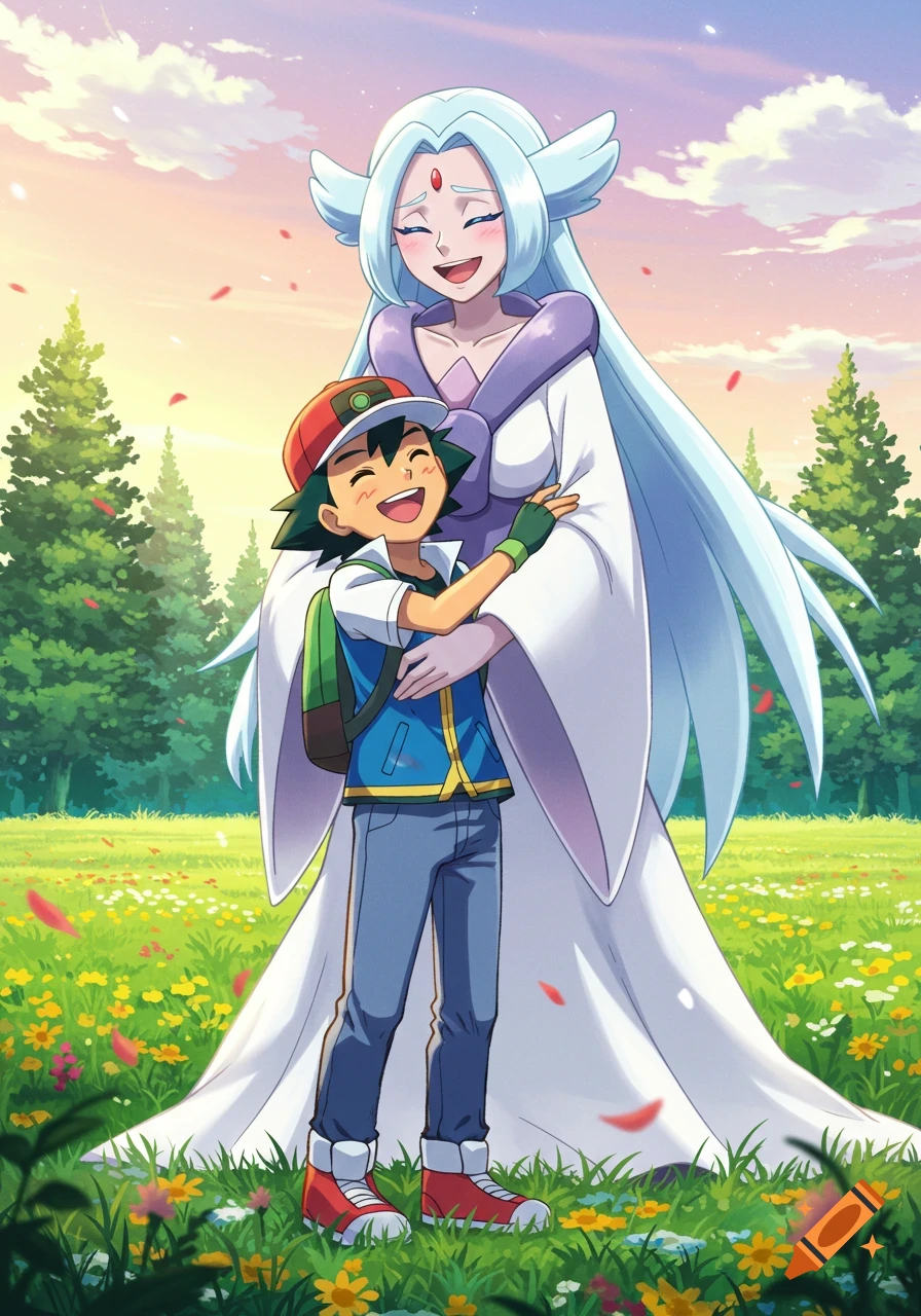 Anime illustration of Ash Ketchum hugging and laughing with a taller Frieren in a sunny, flower-filled field.