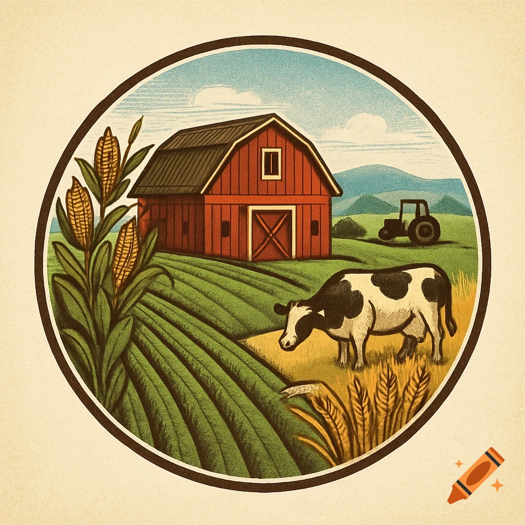 A vintage-style illustration of a farm scene inside a circular frame, featuring a red barn, cornfields, a cow, and a tractor under a blue sky.