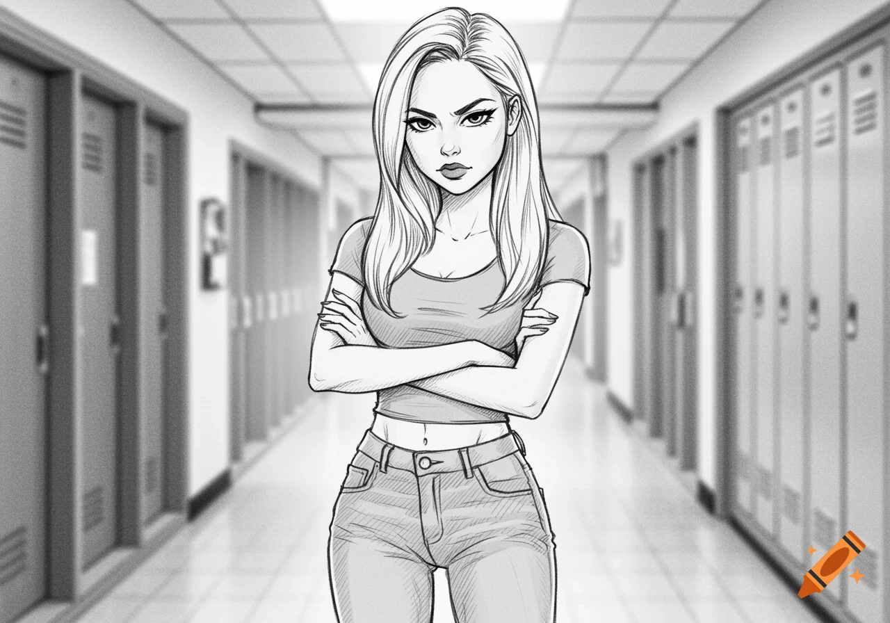 Black and white sketch of a girl with crossed arms standing in a school hallway.