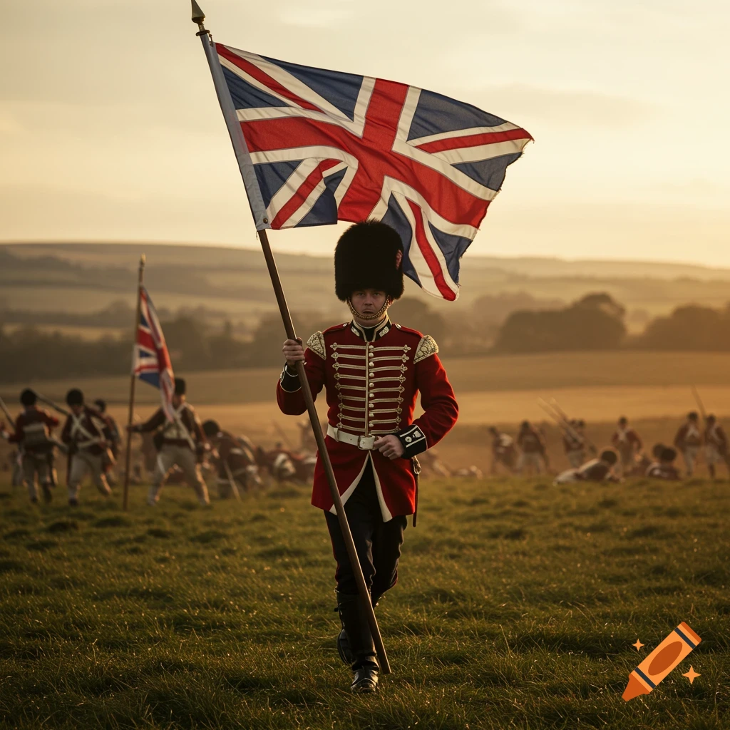 A British soldier in a red uniform and bearskin hat carries a Union Jack flag on a battlefield at sunset.