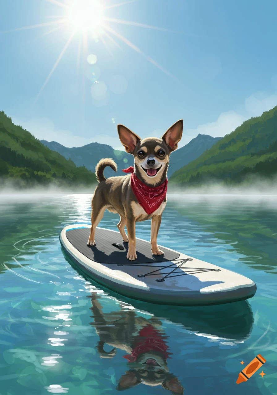 A happy chihuahua wearing a red bandana stands on a paddleboard on a sunny lake with green mountains in the background. Illustrated.