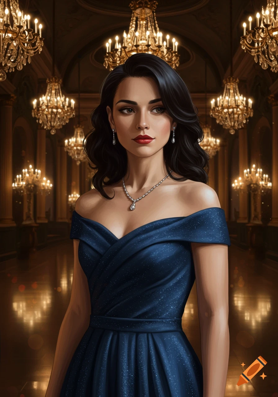A beautiful woman with dark hair in a sparkly blue off-shoulder dress and diamond jewelry stands in a grand hall with chandeliers.