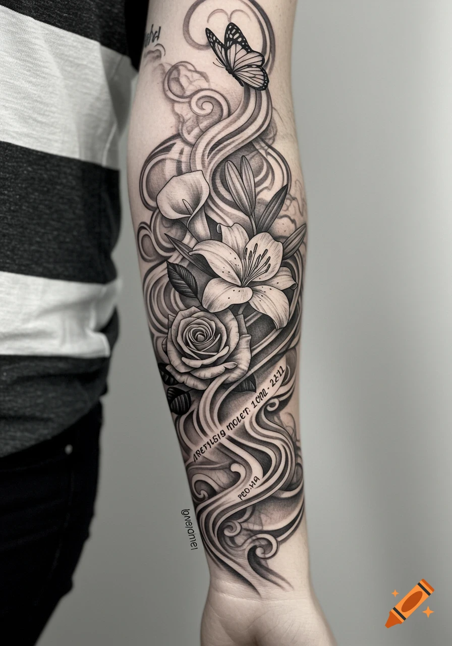 A black and white forearm tattoo featuring a butterfly, calla lily, lily, and rose with swirling smoke patterns and illegible text.