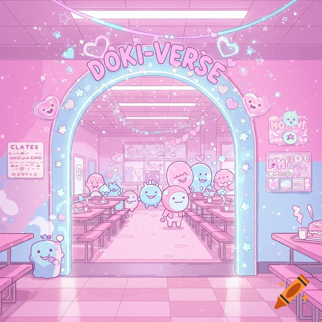 A pastel pink and blue kawaii school cafeteria filled with various cute, blob-like characters, with an archway sign reading "DOKI-VERSE".