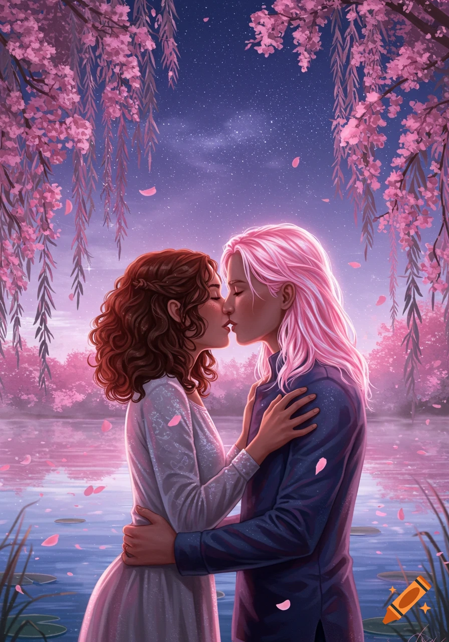 An illustration of a couple kissing by a lake under pink cherry blossoms at night, with a starry sky.