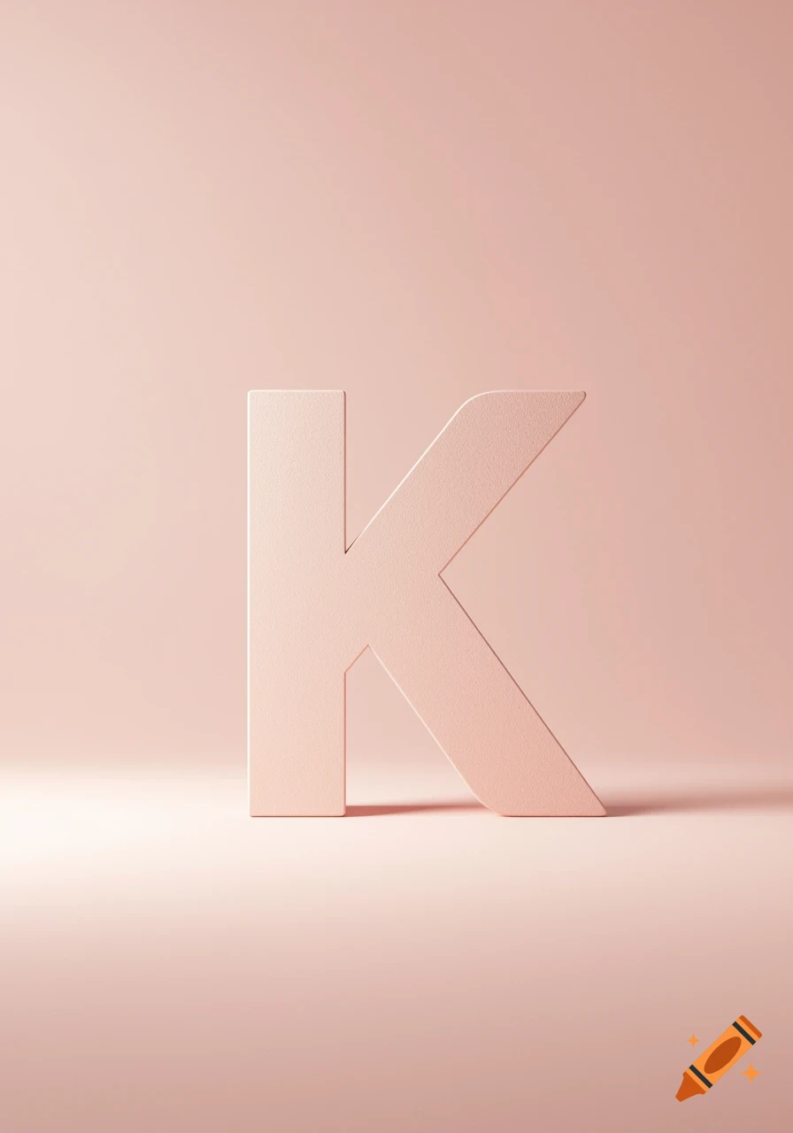 A light pink, matte 3D letter K stands on a matching pink surface with a soft shadow, against a solid pink background.