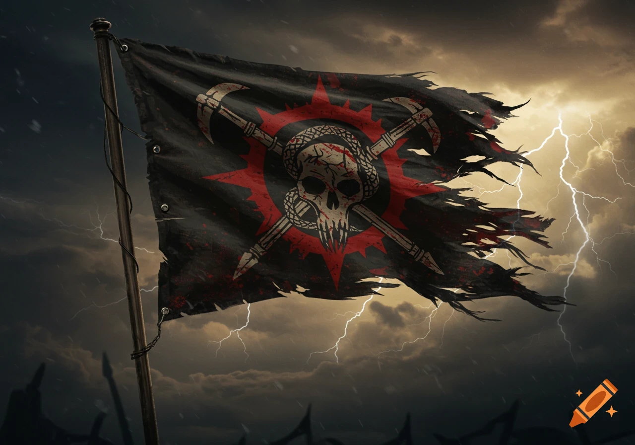 A tattered black flag with a red sun symbol, a skull, crossed scythes, and a snake, fluttering against a stormy sky with lightning.