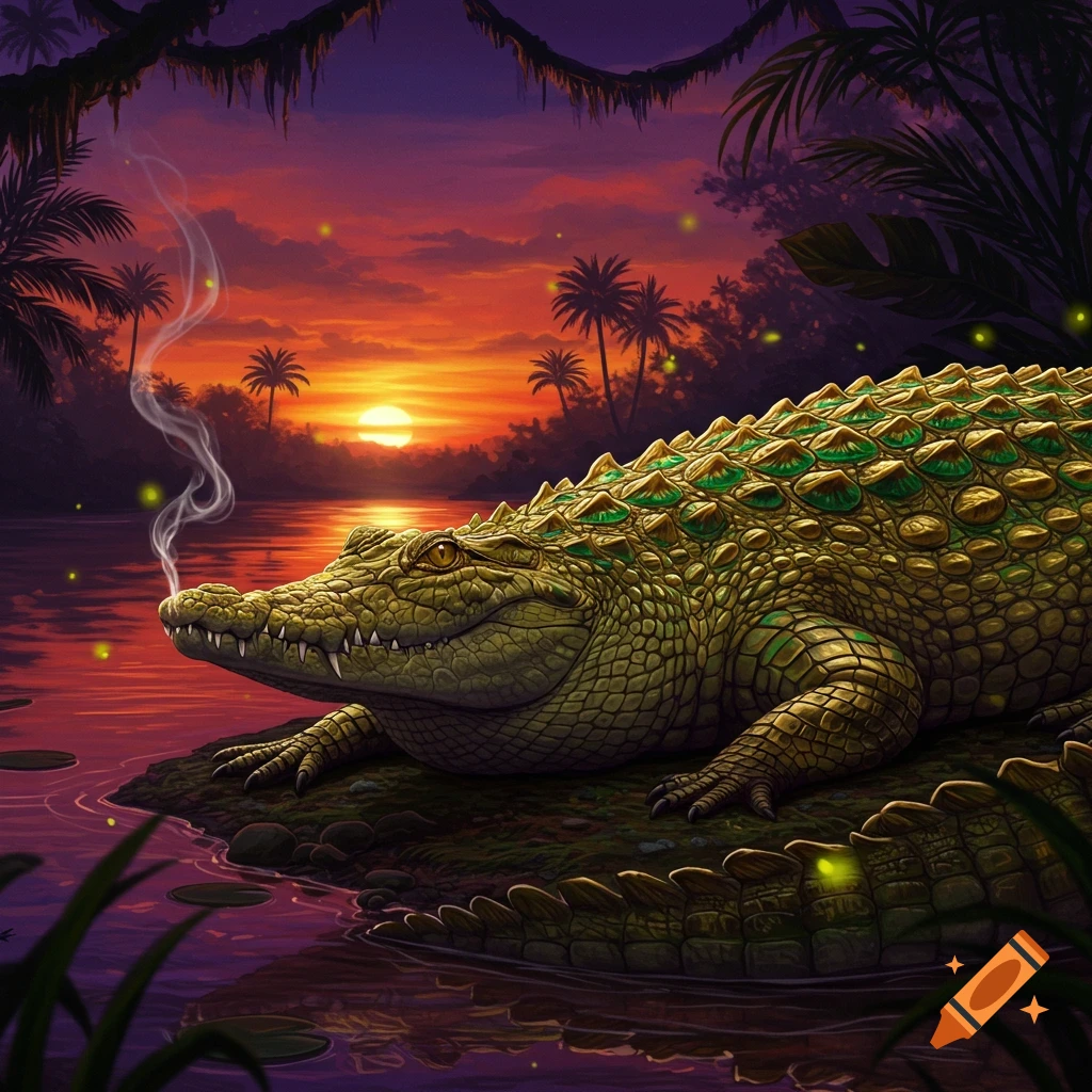 A large green crocodile with patterned scales exhales smoke, sitting by a river at sunset in a vibrant jungle scene with palm trees.