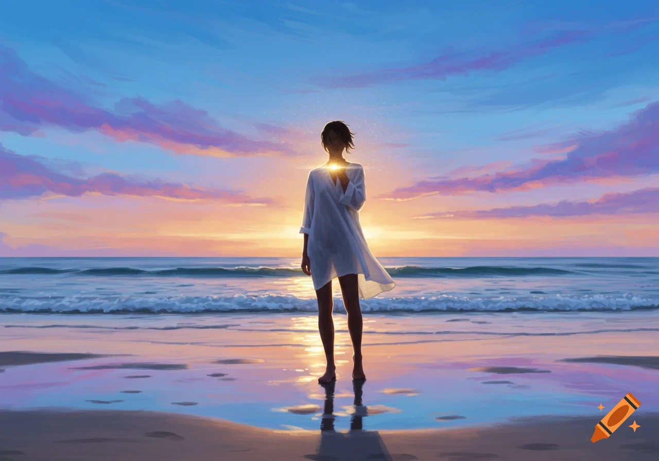 A digital painting of a person in a white shirt standing on a beach at sunset, with light emanating from their chest.