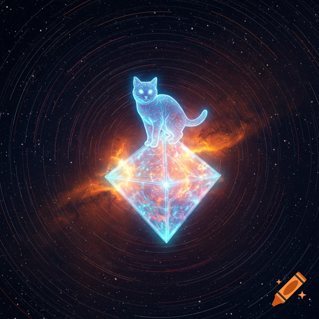 A glowing blue ethereal cat sits atop a luminous geometric diamond shape, set against a dark starry swirling cosmic background with nebulae.